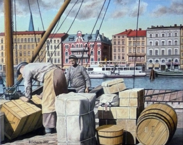 asztownia. Załadunek parowca , 40 x 50 , olej.JPG
