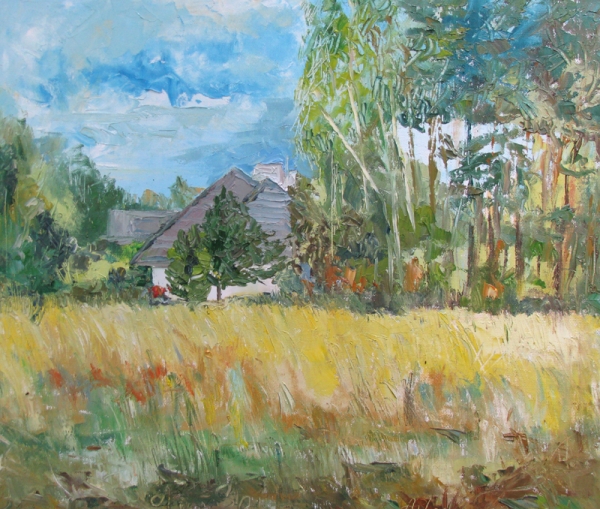 Pejzaż z domem w tle 46x55 smólnik 2011.jpg